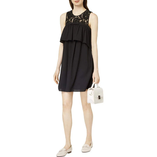 Maison Jules Womens Ruffled Lace Trim A-line Dress, Black, Small