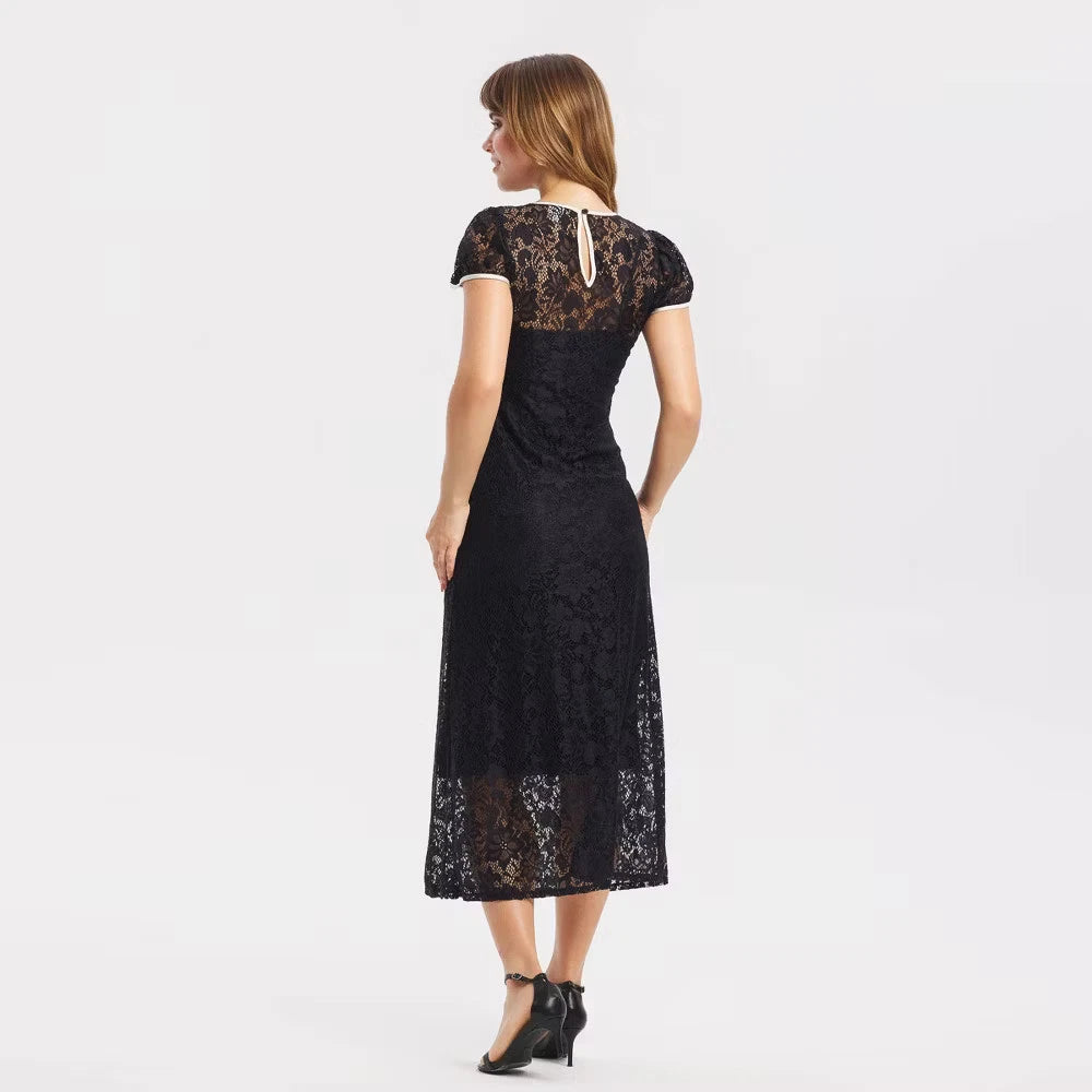 Women's Puff Short Sleeve Lace Midi Dress - A New Day Black S